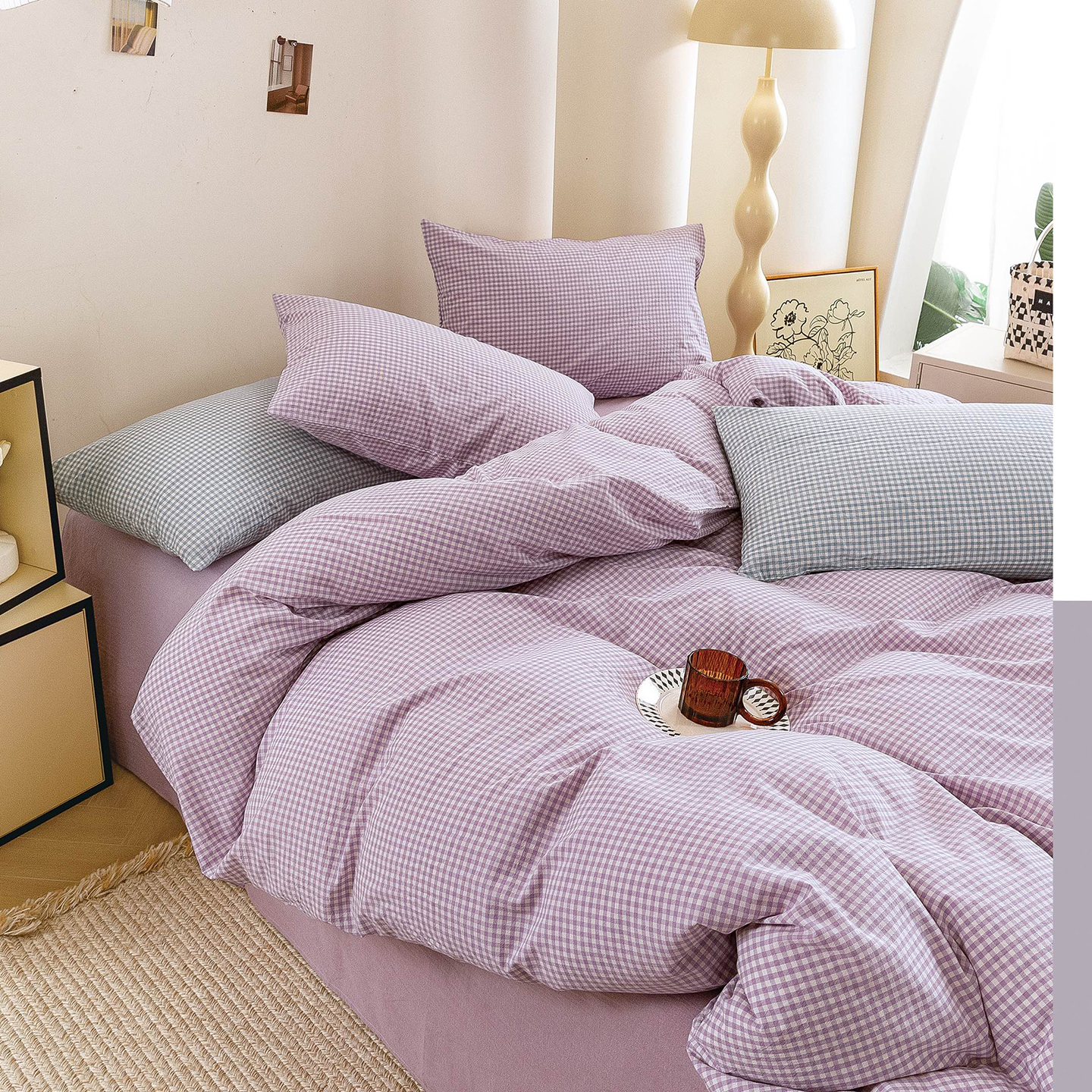 2025新款紧密纺水洗棉（面料） 甜柚-小小格紫