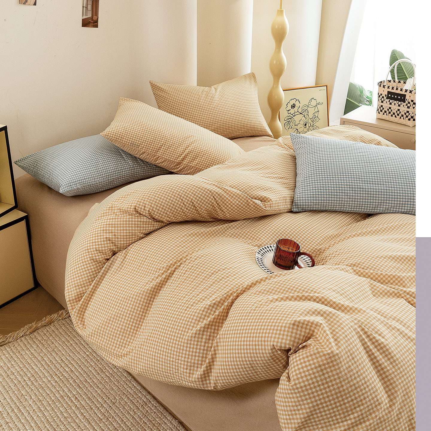 2025新款紧密纺水洗棉（面料） 甜柚-小小格卡