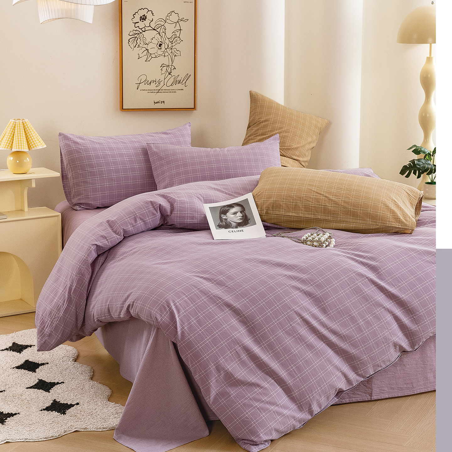 2025新款紧密纺水洗棉（面料） 甜柚-中格紫