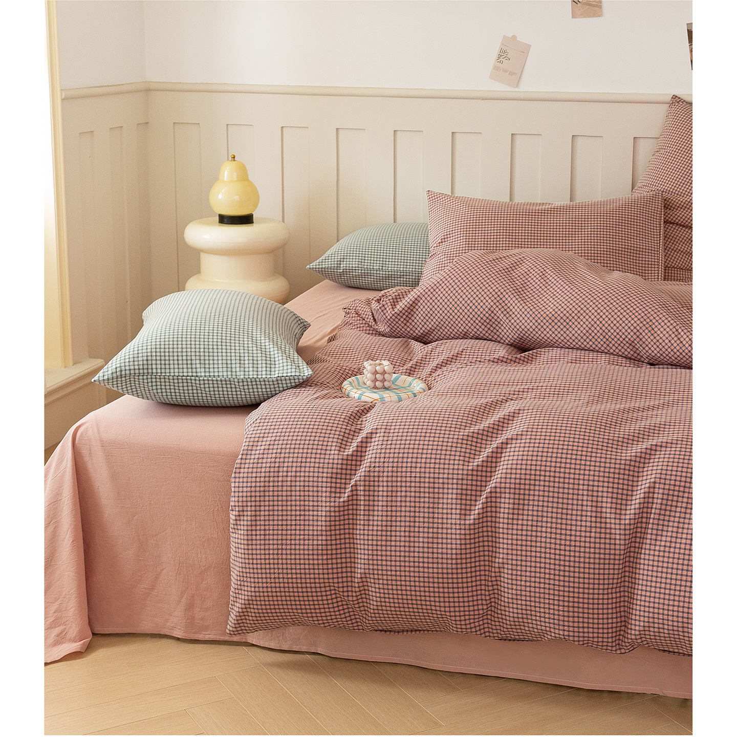 2025新款加厚水洗棉（面料） 小方糖-暗粉格