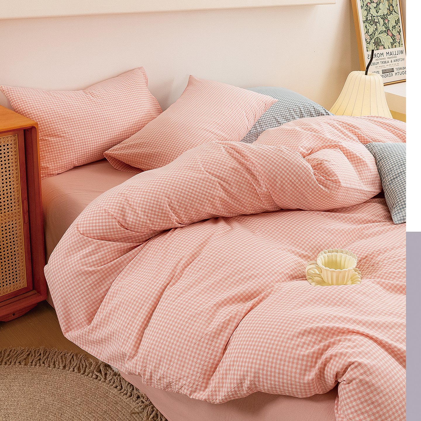 2025新款紧密纺水洗棉（面料） 甜柚-小小格粉