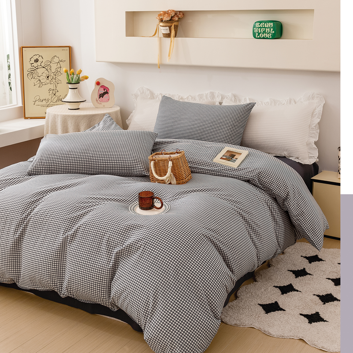 2025新款紧密纺水洗棉（面料） 甜柚-小小格灰