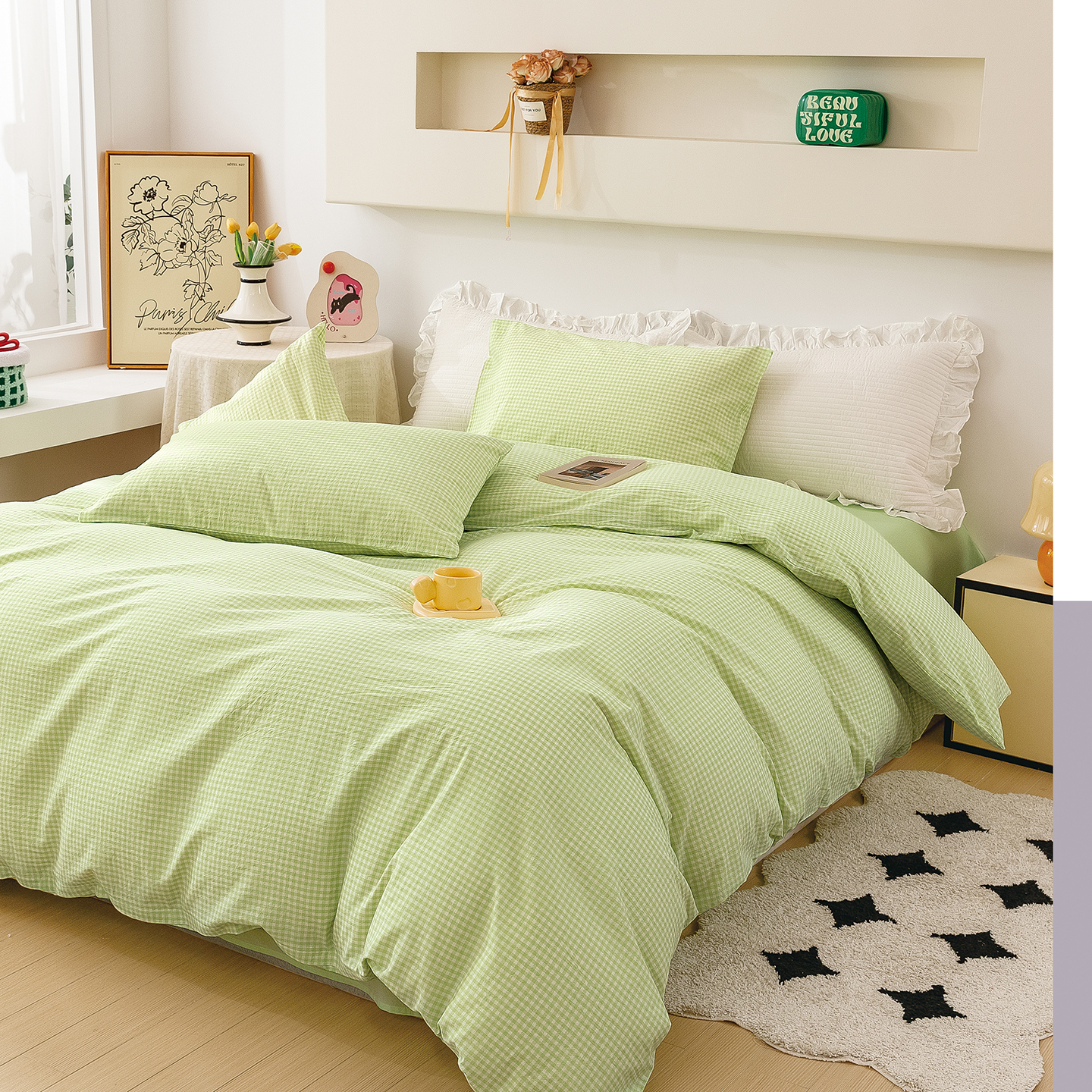 2025新款紧密纺水洗棉（面料） 甜柚-小小格绿