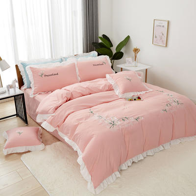 2021新款网红花边水洗棉四件套 1.5米床床单款四件套 粉色
