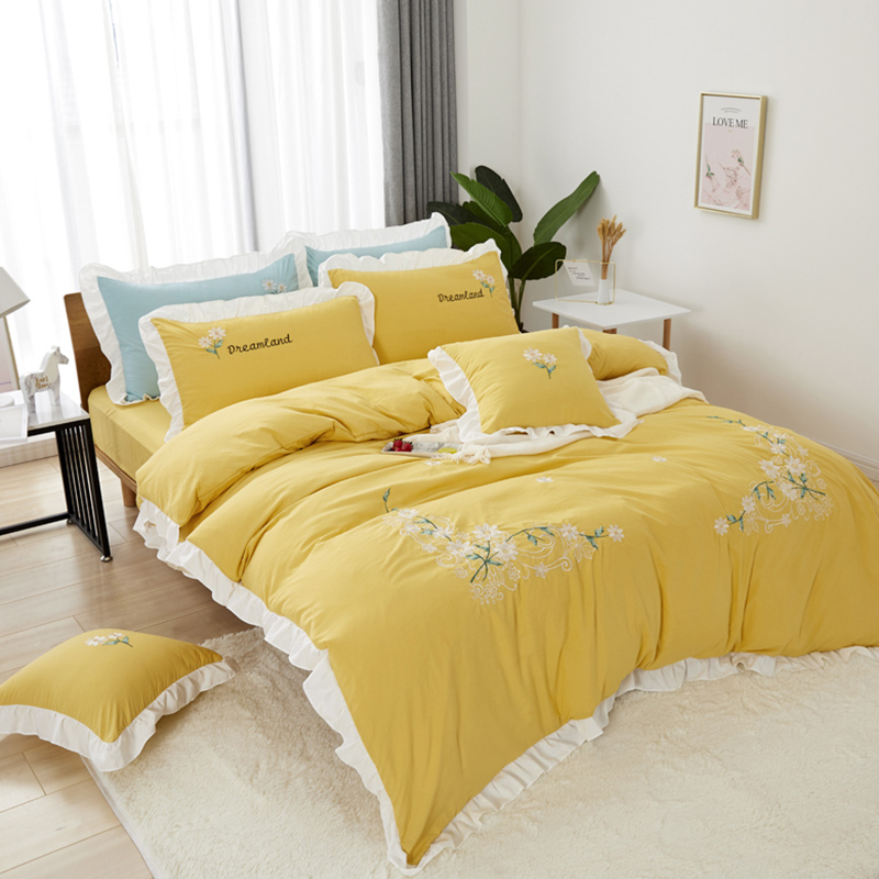 2021新款网红花边水洗棉四件套 1.5米床床单款四件套 黄色