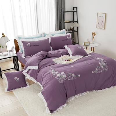 2021新款网红花边水洗棉四件套 1.5米床床单款四件套 紫色