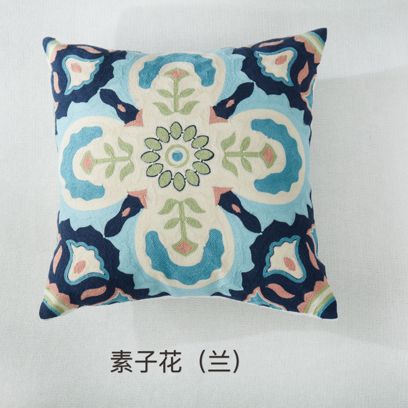 2018新款刺绣抱枕正方形 45x45cm 素子花（蓝）