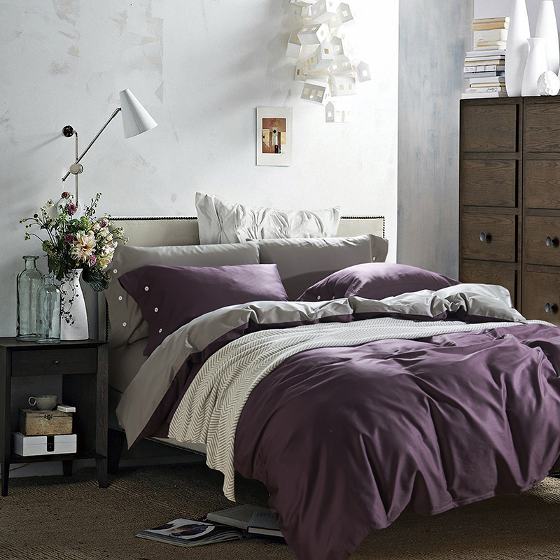 60s贡缎长绒棉纯色AB版四件套 1.2m（4英尺）床 冷艳紫+冰灿银