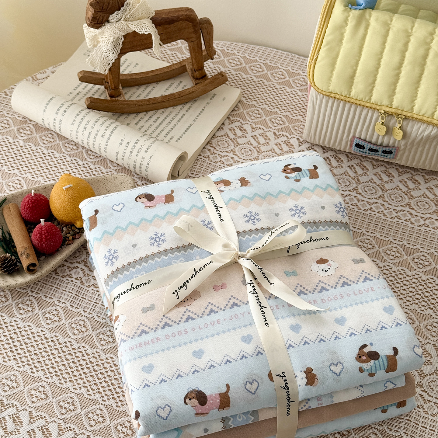 2026新款全棉双层纱四件套 雪花小狗