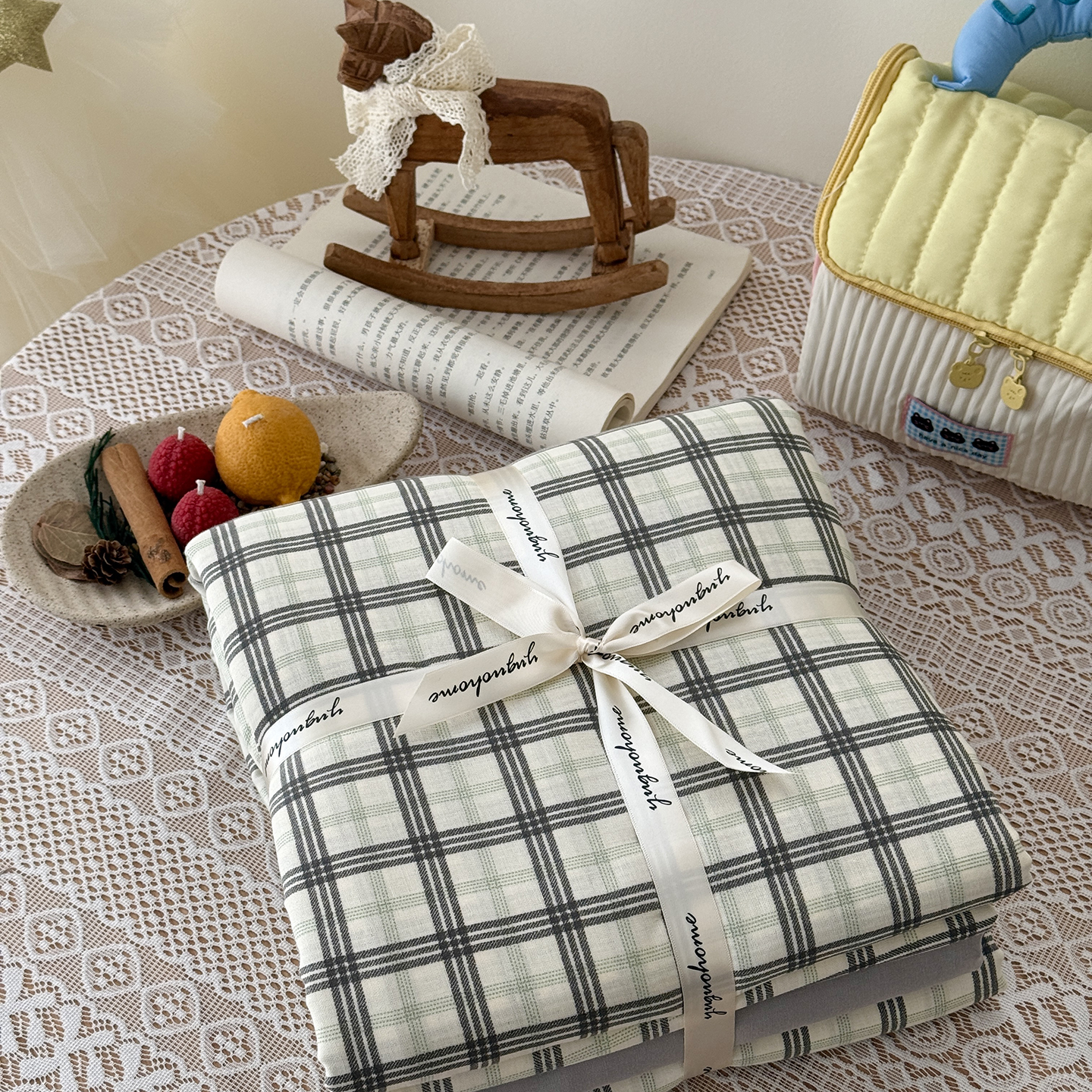 2026新款全棉双层纱四件套 复古黑格