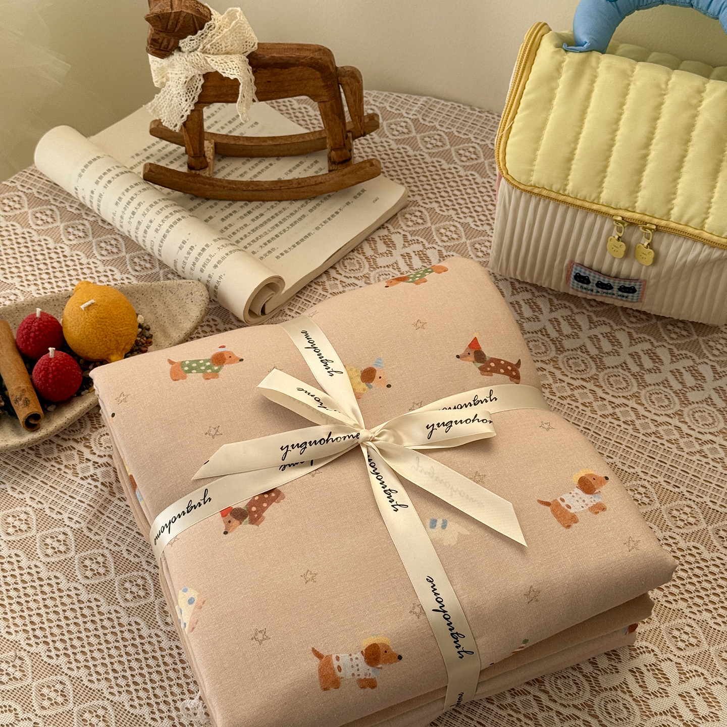 2026新款全棉双层纱四件套 腊肠狗咖