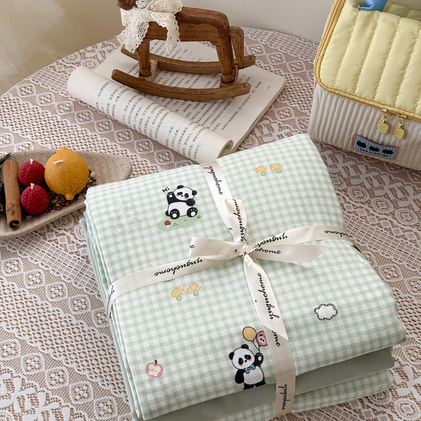 2026新款全棉双层纱四件套 俏皮熊猫