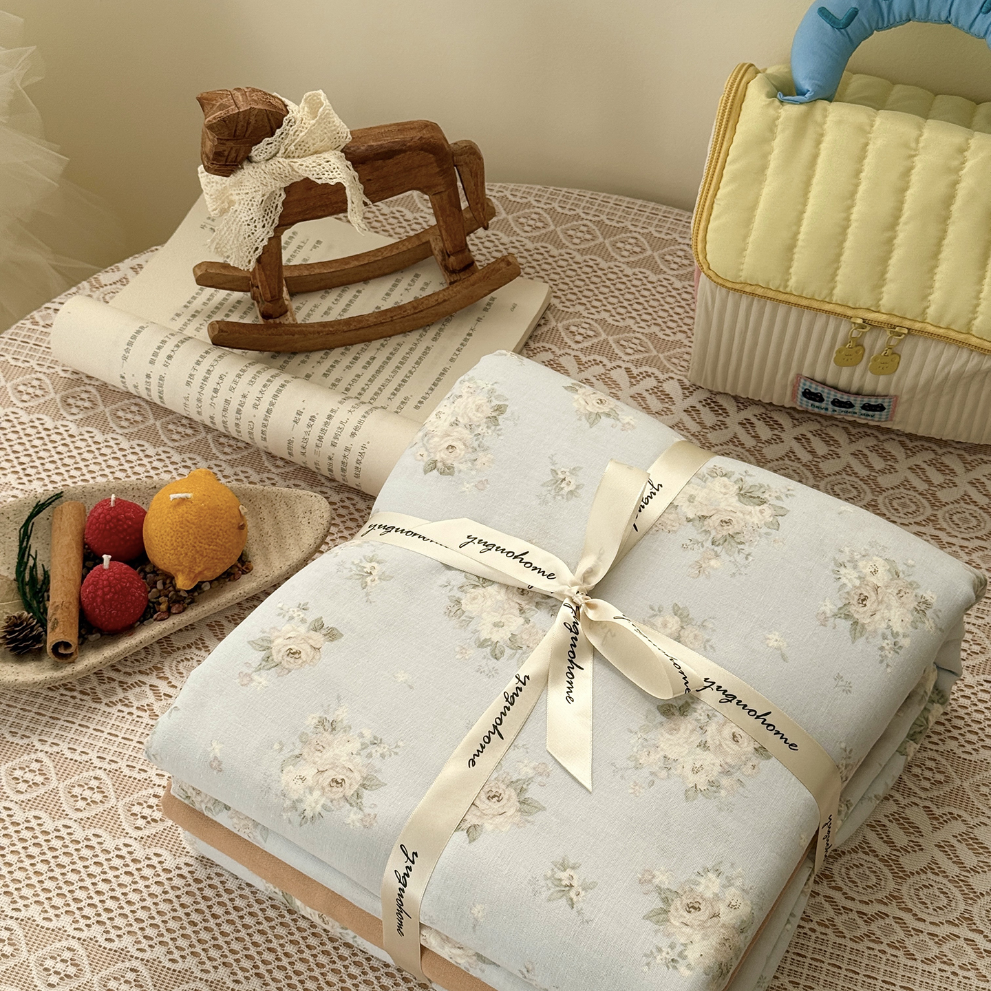 2026新款全棉双层纱四件套 夏日牡丹蓝