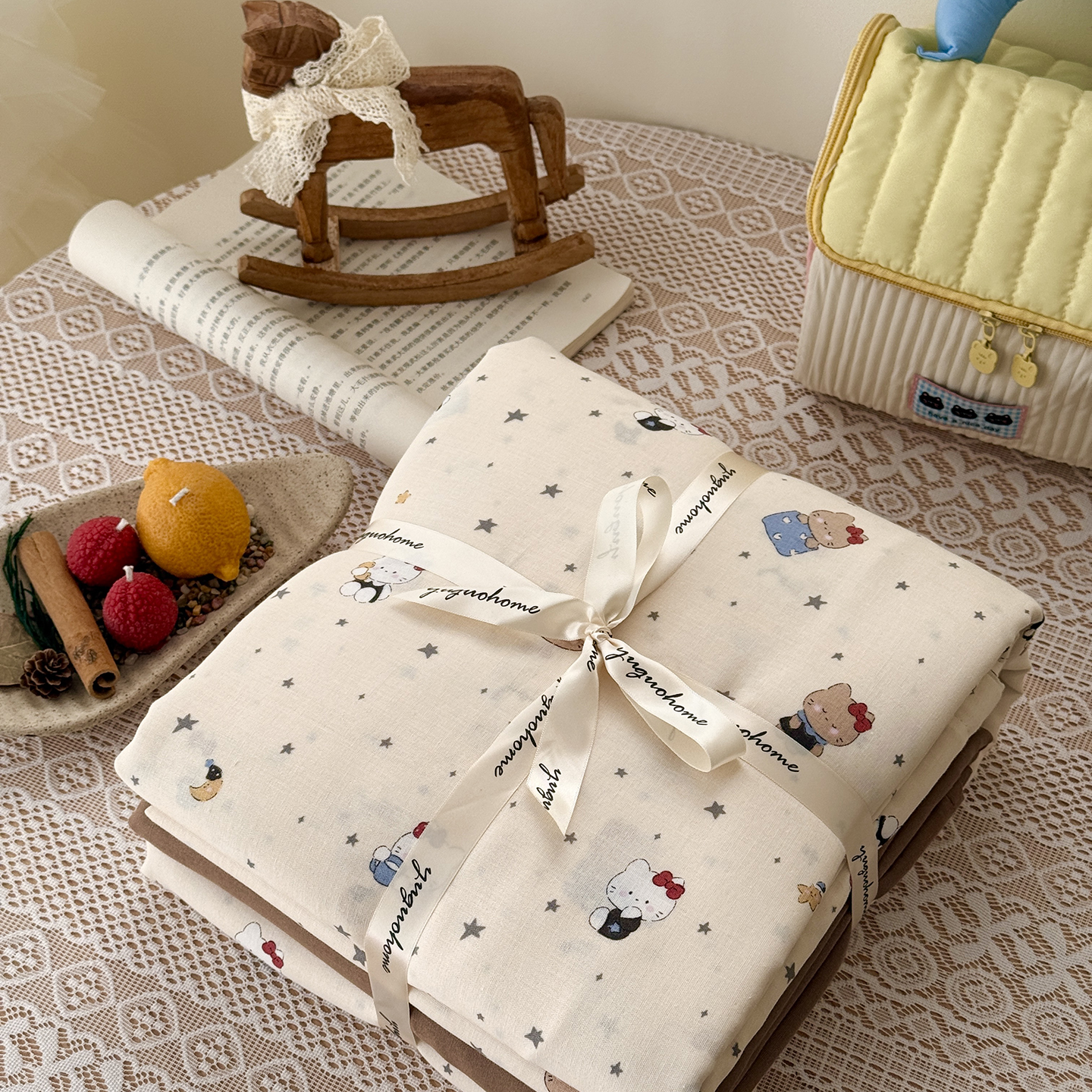 2026新款全棉双层纱四件套 咖啡猫