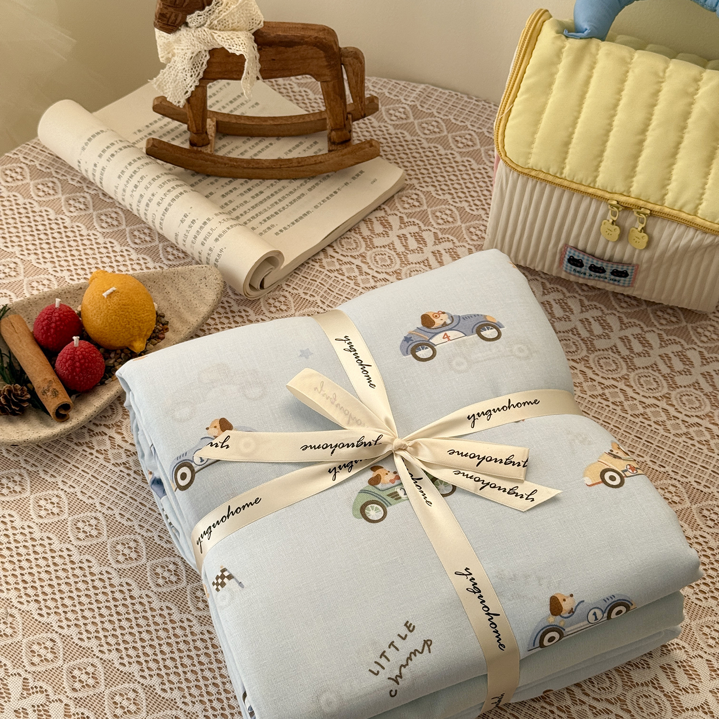 2026新款全棉双层纱四件套 汽车狗