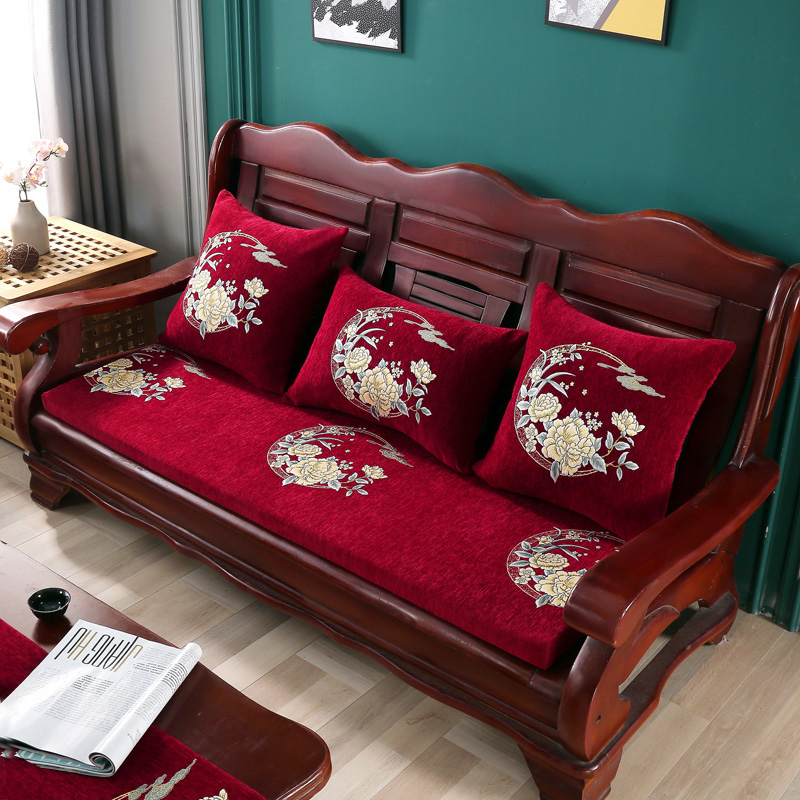 2021新款雪尼尔定位中式实木沙发垫老式木沙发垫子-场景二 50*50cm 月下-玫红