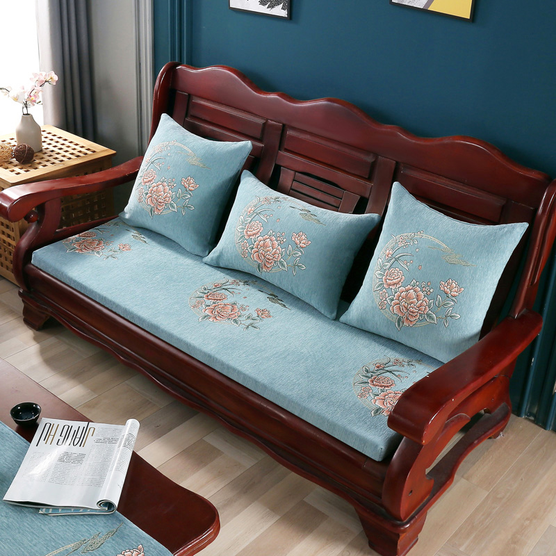 2021新款雪尼尔定位中式实木沙发垫老式木沙发垫子-场景二 50*50cm 月下-浅蓝