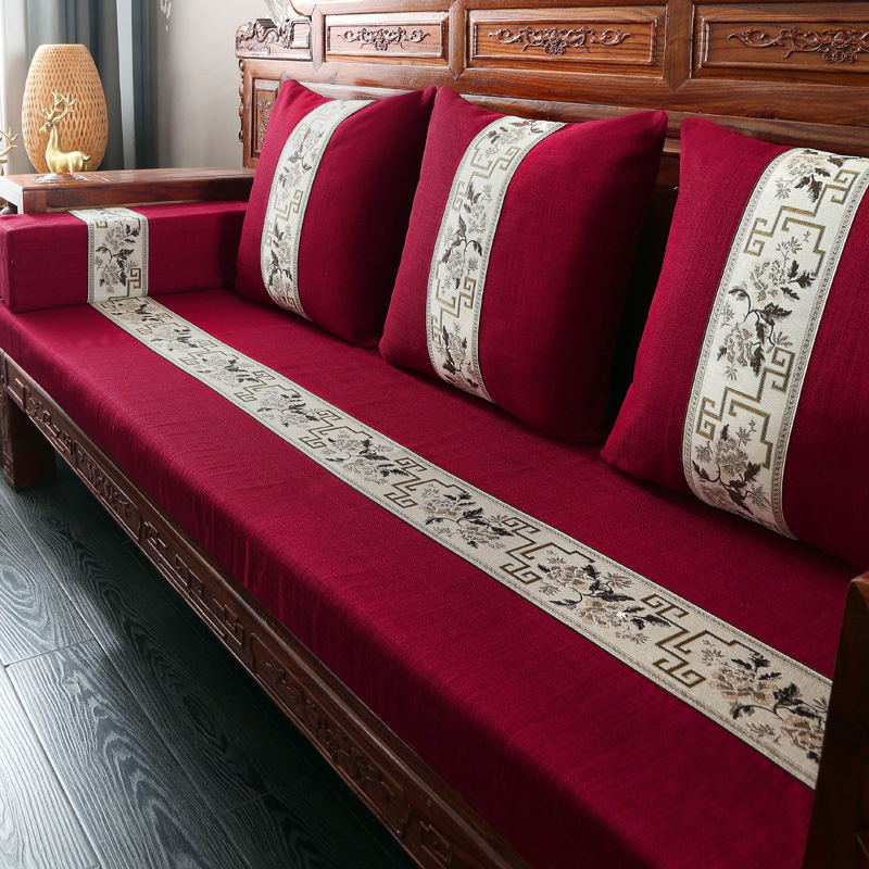 2021新款亚麻中式实木沙发垫老式木沙发垫子-场景一 50*50cm 青花-红色