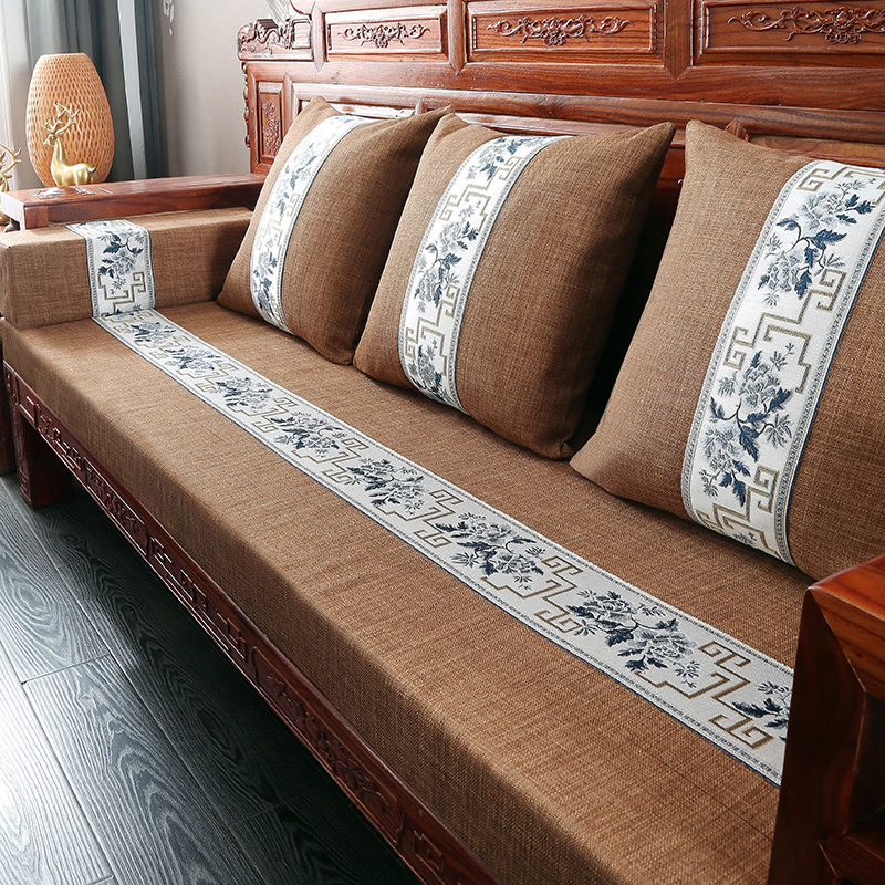 2021新款亚麻中式实木沙发垫老式木沙发垫子-场景一 抱枕50*50cm 青花-麻色