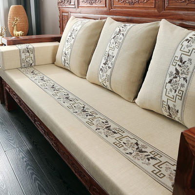 2021新款亚麻中式实木沙发垫老式木沙发垫子-场景一 50*50cm 青花-米色