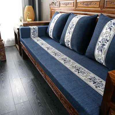 2021新款亚麻中式实木沙发垫老式木沙发垫子-场景一 50*50cm 青花-深蓝