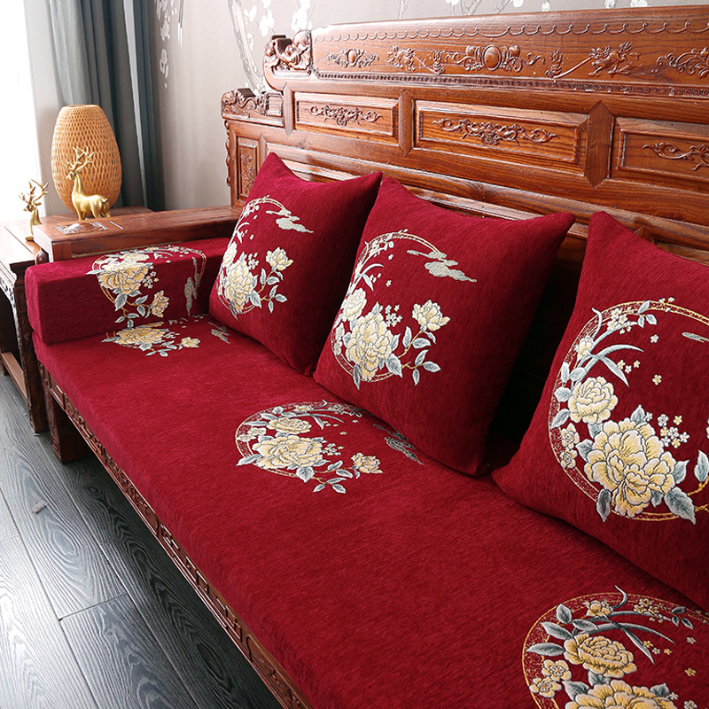 2021新款雪尼尔定位中式实木沙发垫老式木沙发垫子-场景一 50*50cm 月下-玫红
