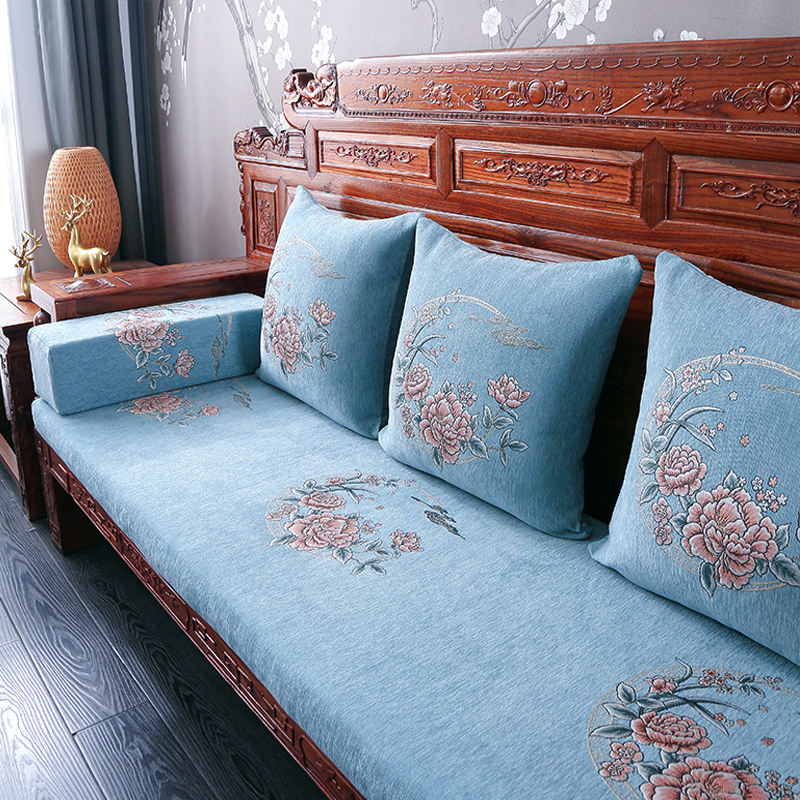 红实木沙发坐垫海绵沙发垫中式防滑老式木沙发垫坐垫子 方靠枕50*50cm 祥云挽月-蓝