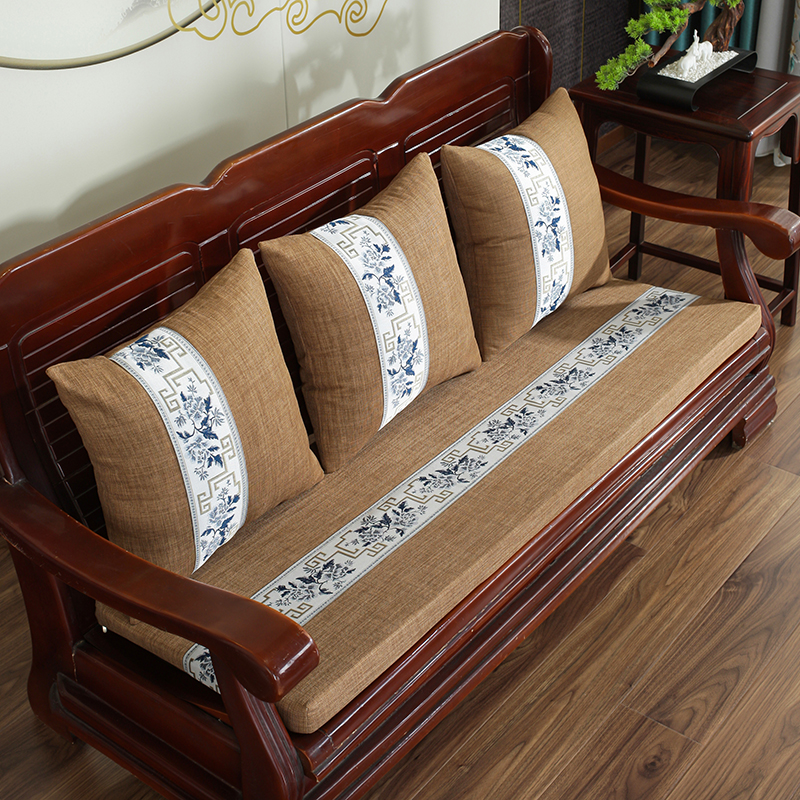 2021新款亚麻中式实木沙发垫老式木沙发垫子-场景二 50*50cm 青花-麻色