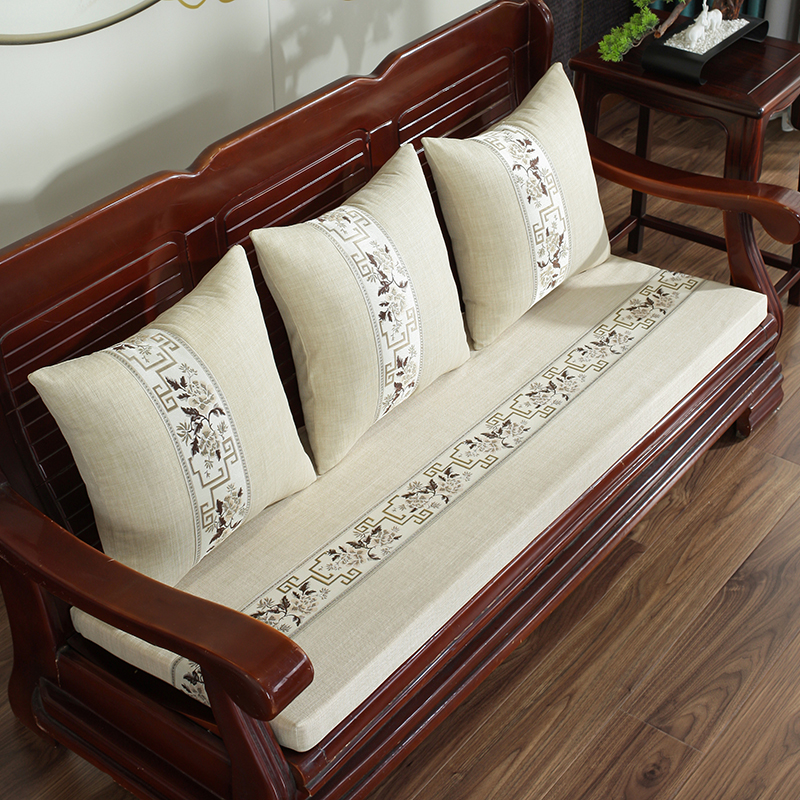 2021新款亚麻中式实木沙发垫老式木沙发垫子-场景二 50*50cm 青花-米色