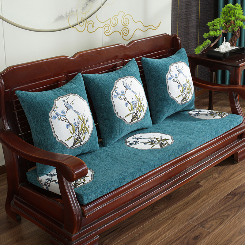 2021新款亚麻中式实木沙发垫老式木沙发垫子-场景二 50*50cm 青花-深蓝