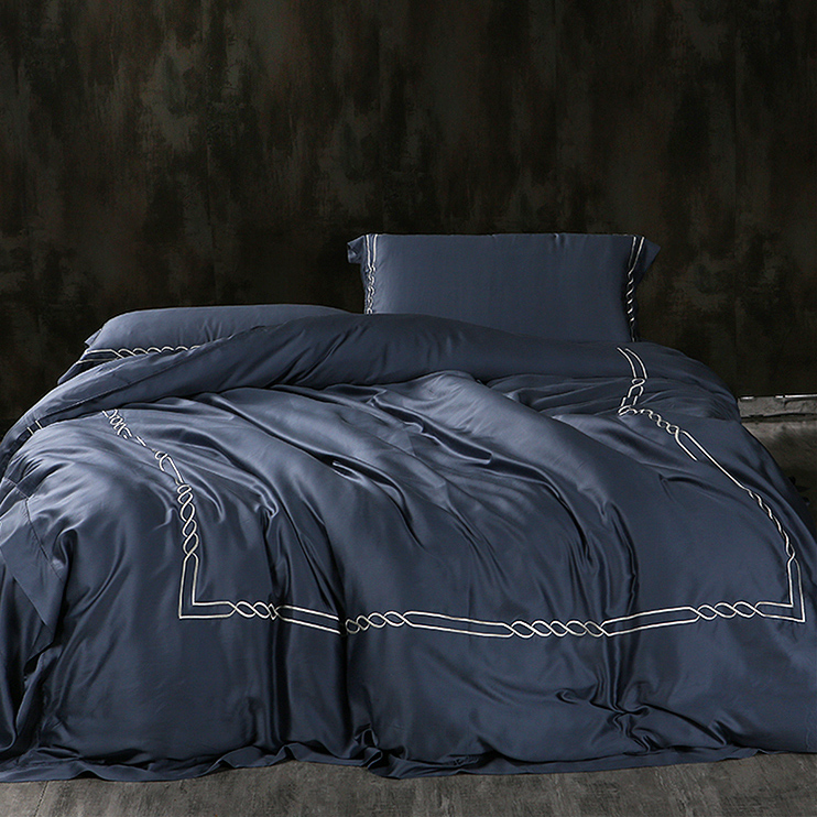 SMR 60S奥地利兰精天丝 高级刺绣四件套 2.0m（6.6英尺）床 邃蓝
