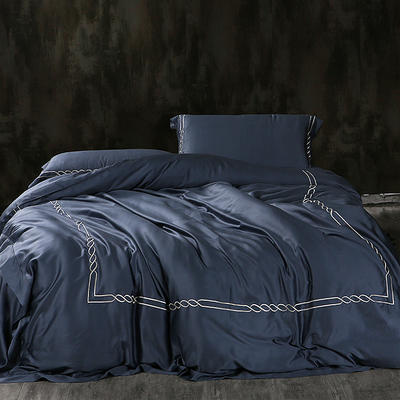 SMR 60S奥地利兰精天丝 高级刺绣四件套 2.0m（6.6英尺）床 邃蓝