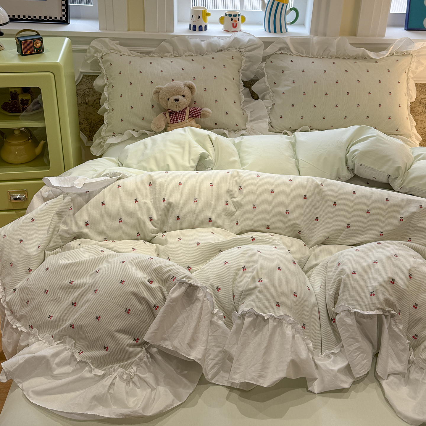 2026新款全棉水洗棉色织提花四件套-樱桃甜梦系列 樱桃甜梦绿