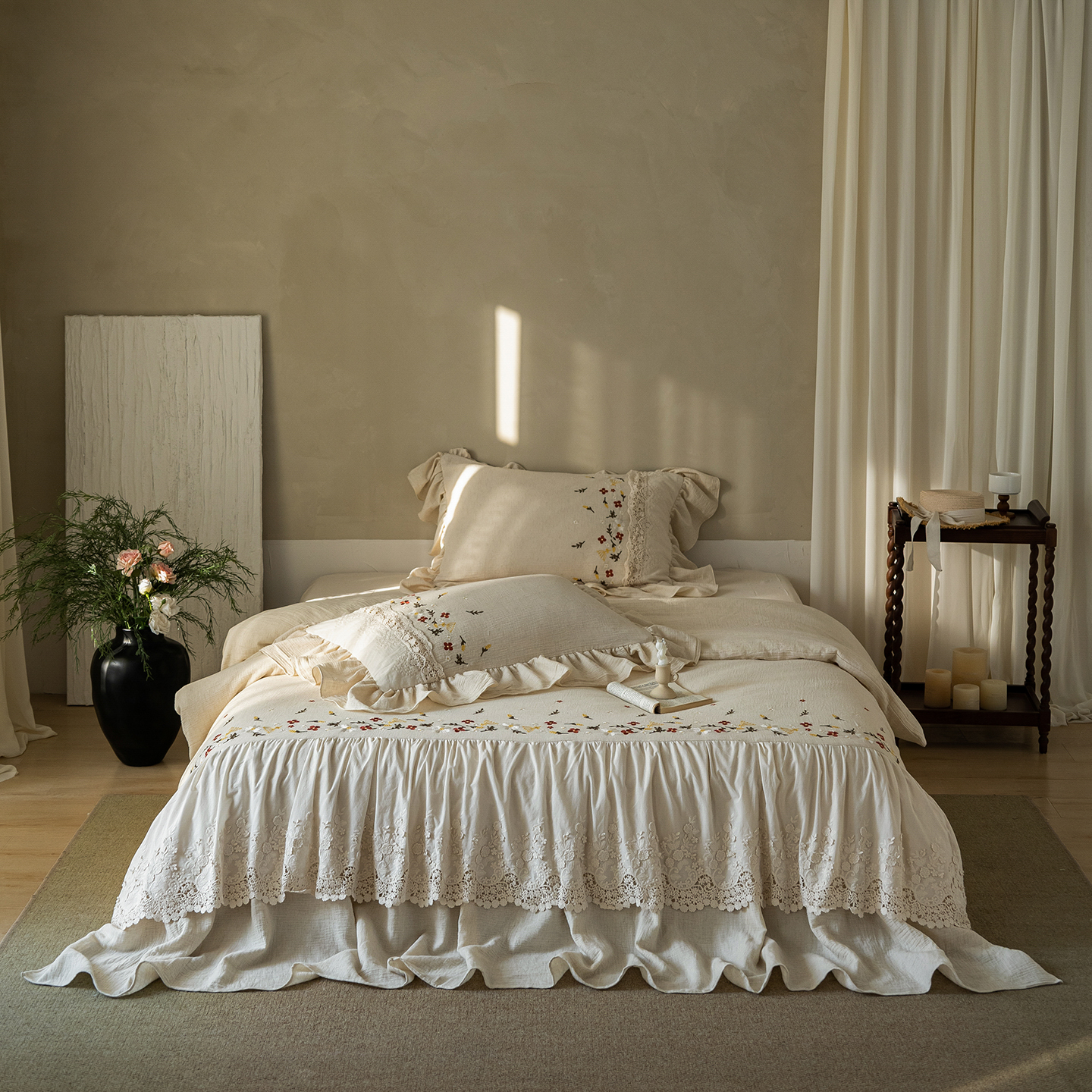 2026新款棉麻皱皱纱布毛巾绣四件套-清欢系列 清欢-米