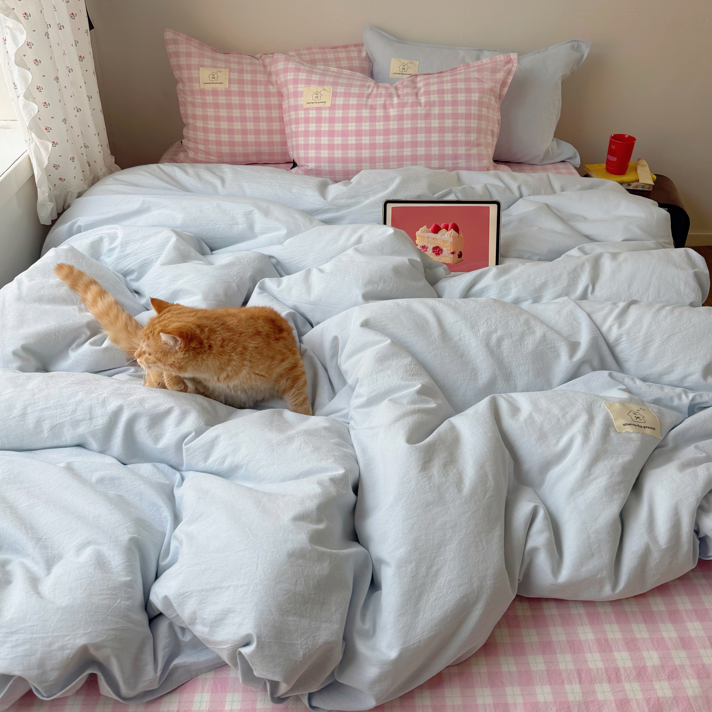 2026新款ins水洗棉格子款双针款四件套 ins云汀粉格