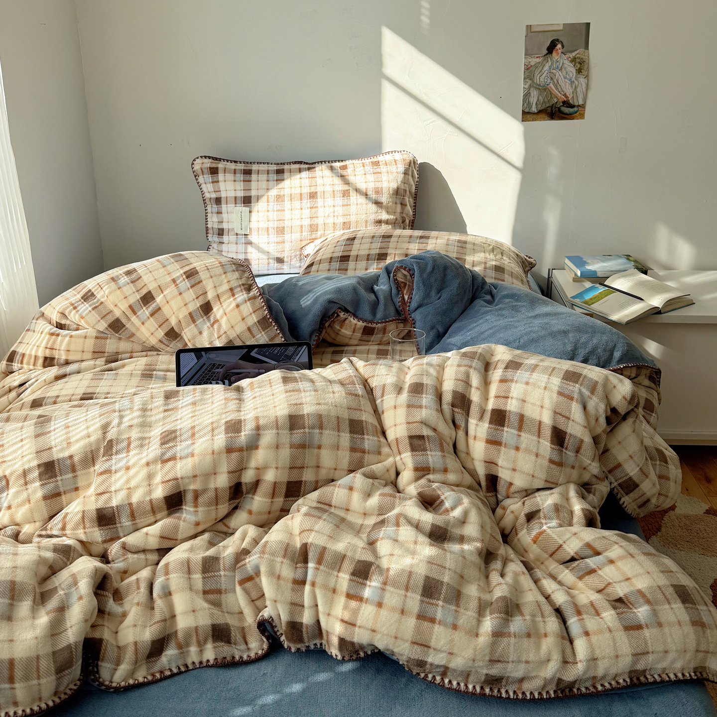 2025新款牛奶绒冬日暖绒格纹系列四件套 时光蓝咖格