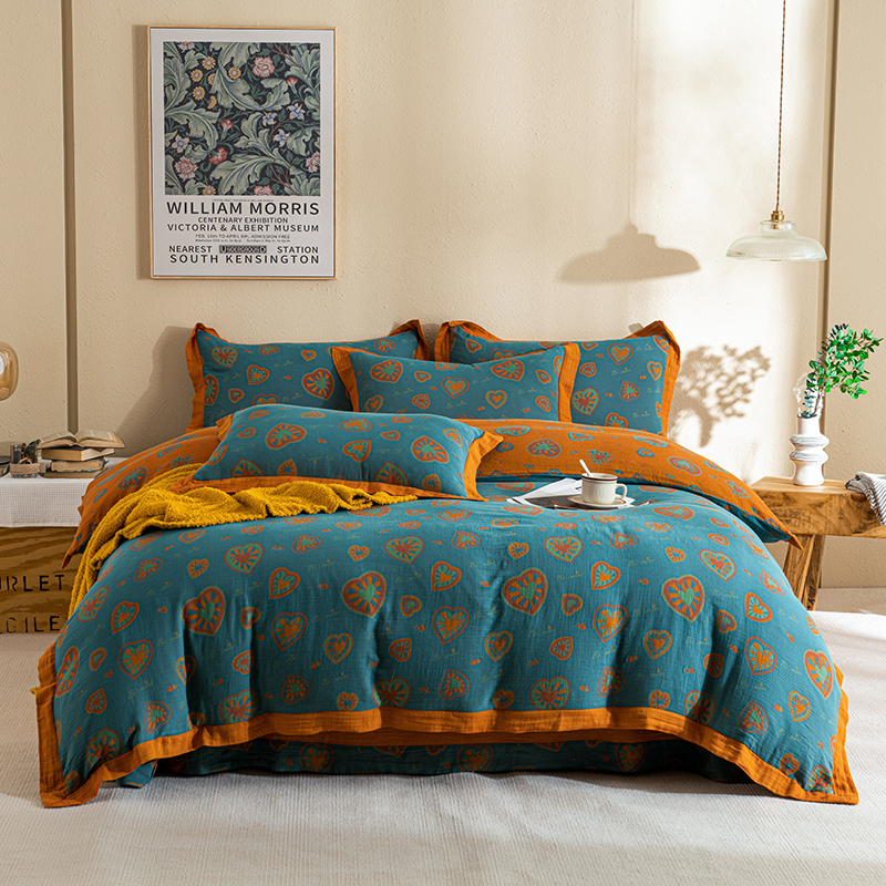 2025新品【宽边款】A类母婴级全棉色织双层纱提花四件套（第三批） 恋心-蓝