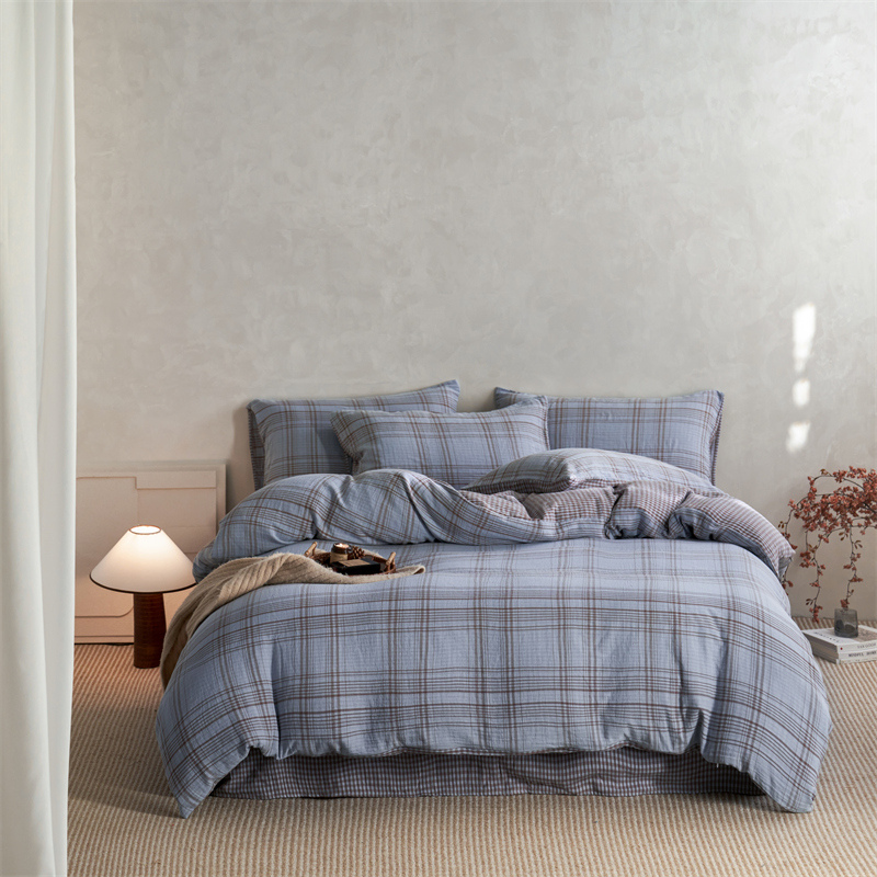 2026新品简约复古纯棉A类提花双层纱四件套 知意蓝