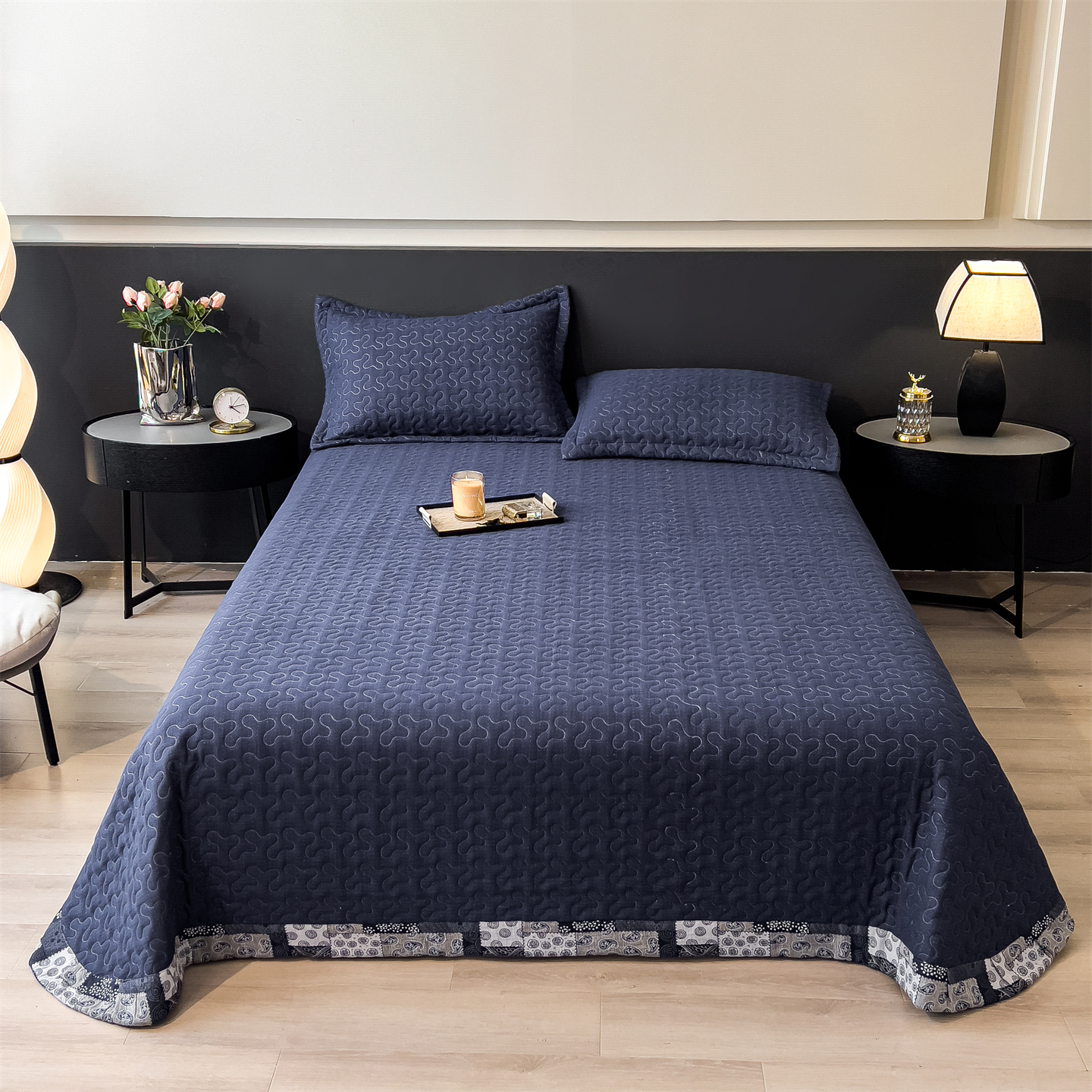 2025新品纯棉A类色织提花双层纱夹棉床盖三件套 深海蓝