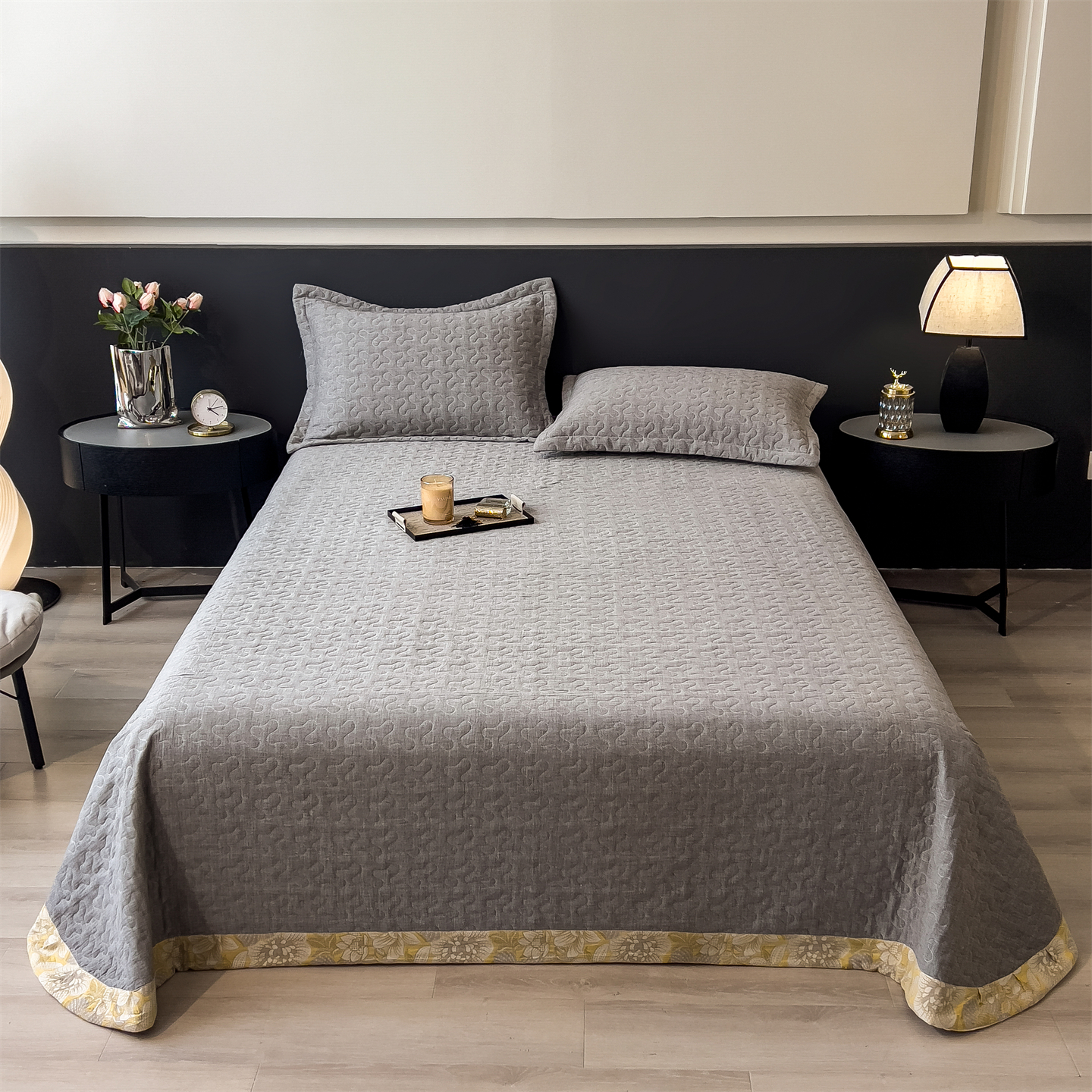2025新品纯棉A类色织提花双层纱夹棉床盖三件套 金典灰