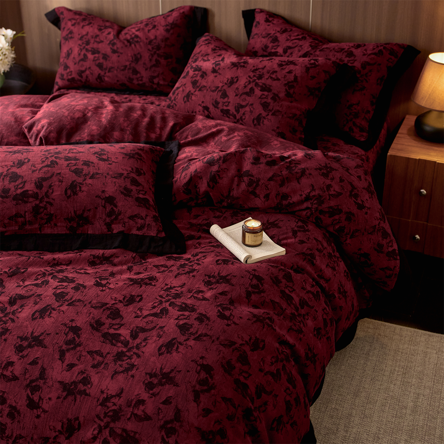 2025新款全棉A类色织提花双层纱床盖四件套 花影随性暗红-床盖款