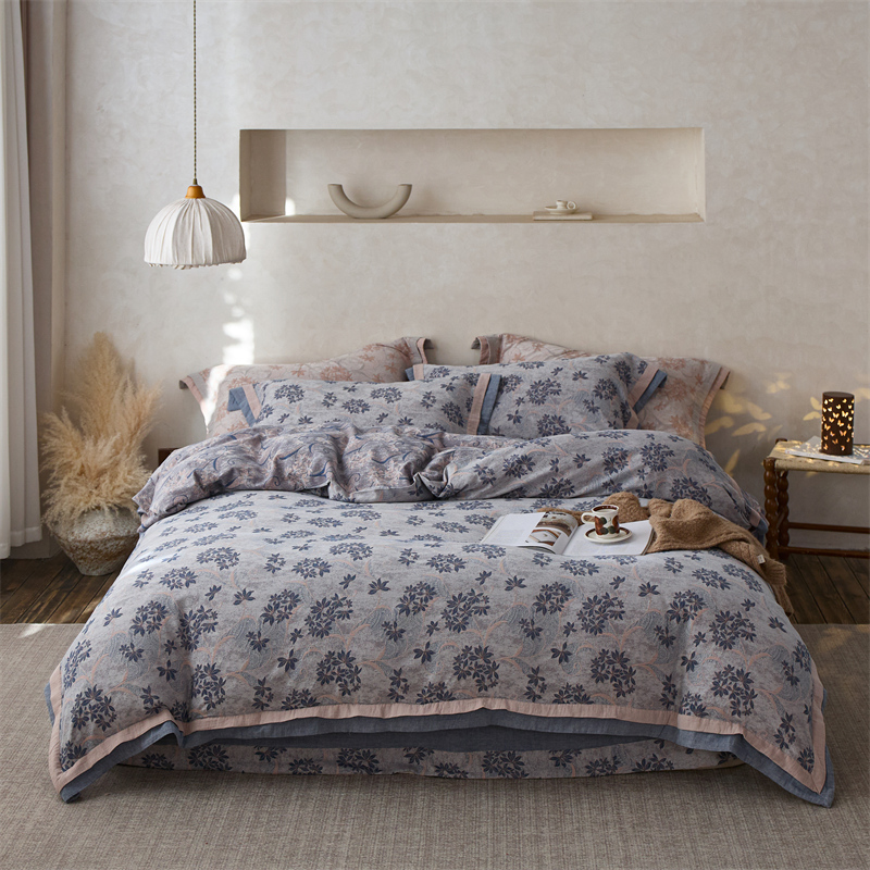 2026新款宽边双拼角纯棉A类色织提花双层纱四件套 绮梦花蓝