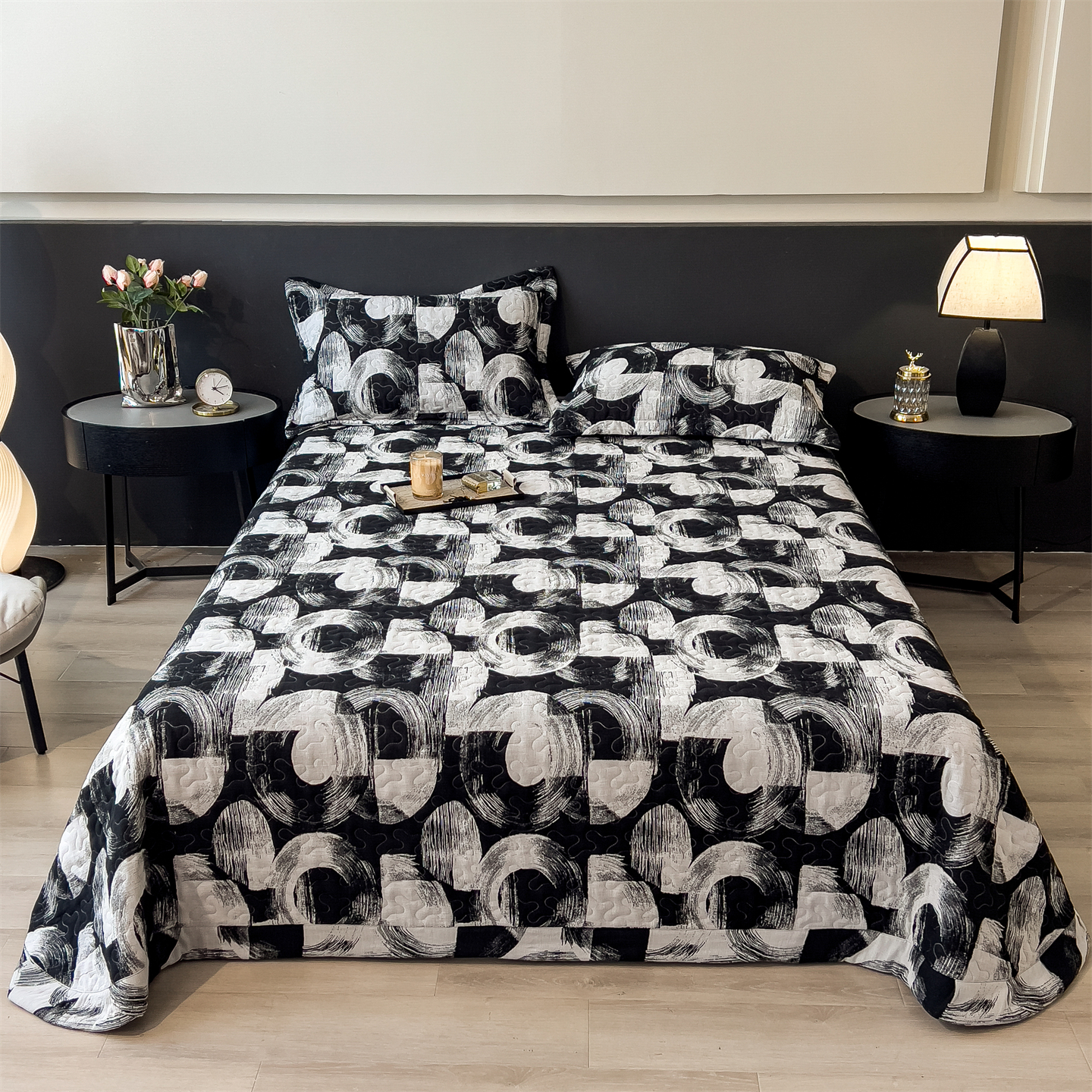 2025新品纯棉A类色织提花双层纱夹棉床盖三件套 圆舞旋律