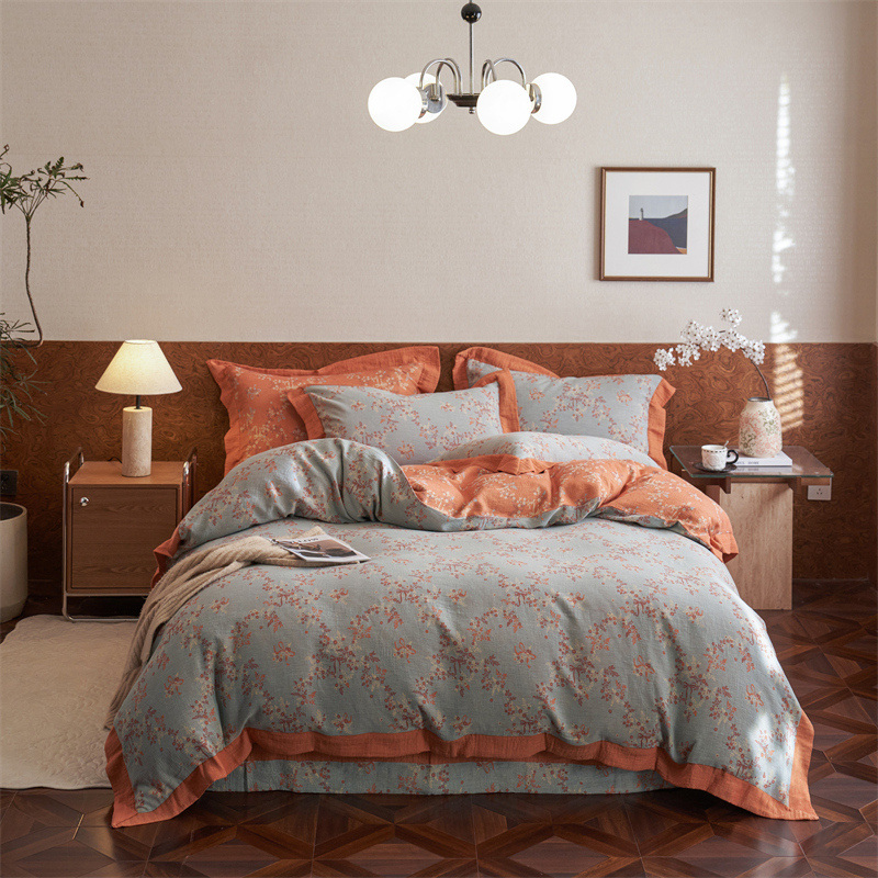 2026新品【宽边款】纯棉A类色织提花双层纱四件套 静谧花开