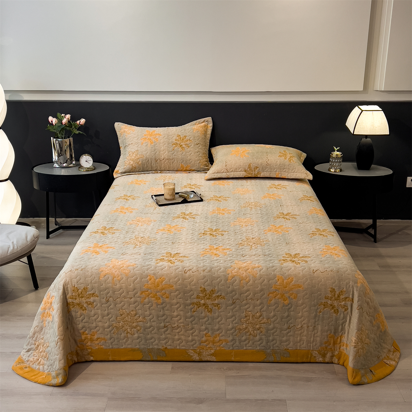 2025新品纯棉A类色织提花双层纱夹棉床盖三件套 七里香