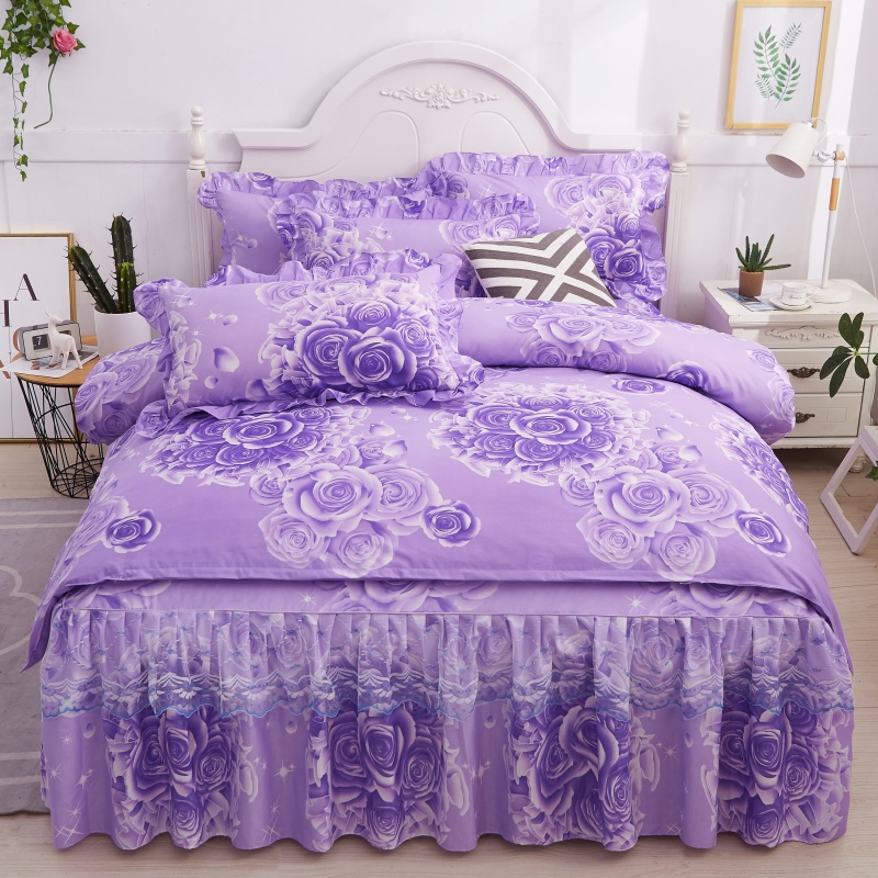 2023新款韩版蕾丝床裙多件套 三件套（床裙+2只枕套） 玫瑰情缘-紫