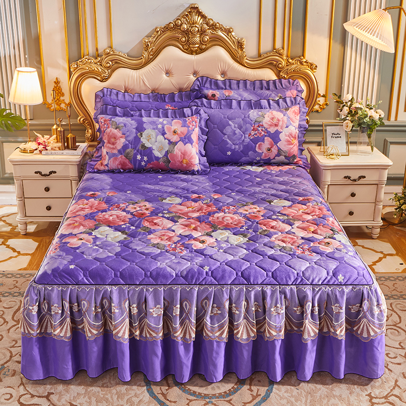 2023新款水晶绒绗缝夹棉单品床裙 150*200 百花紫