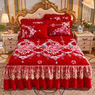 2023新款水晶绒绗缝夹棉单品床裙 枕套/对 花都绽放-红