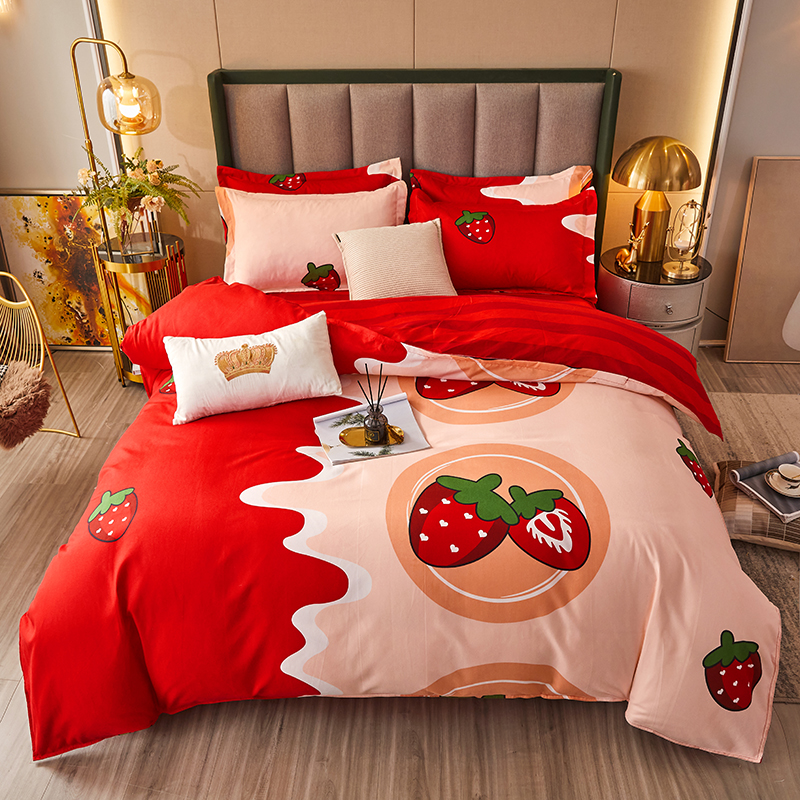 2023新款大版花斜纹加厚磨毛印花四件套 1.5m（5英尺）床 甜心草莓