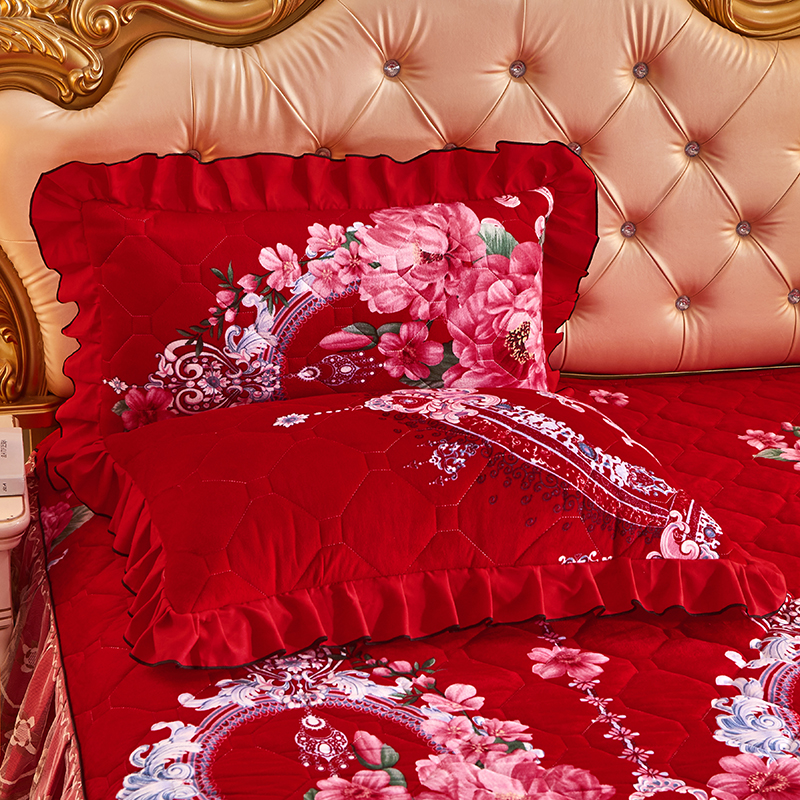 2023新款水晶绒绗缝夹棉单品枕套 枕套一对 花都绽放-红
